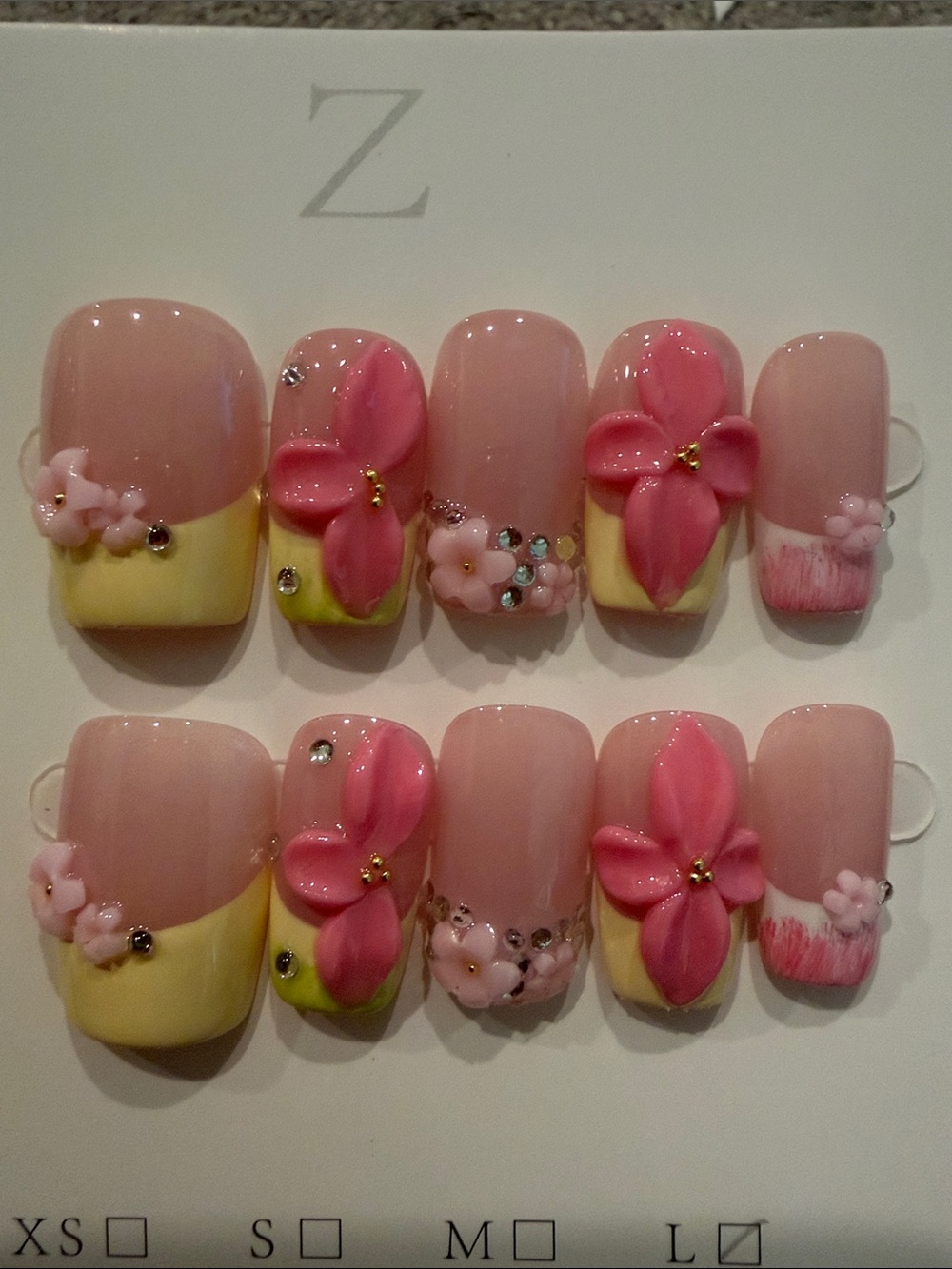 Yellow French tip with pink 3D flower handmade acrylic press on nails